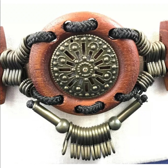 VTG Women Concho Belt Medallion Wood Bohemian 38” - Picture 2 of 8